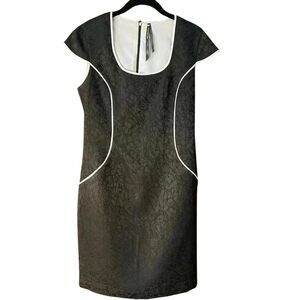 Elegant Black Textured Bodycon Dress with White Piping Cocktail Party Evening E4